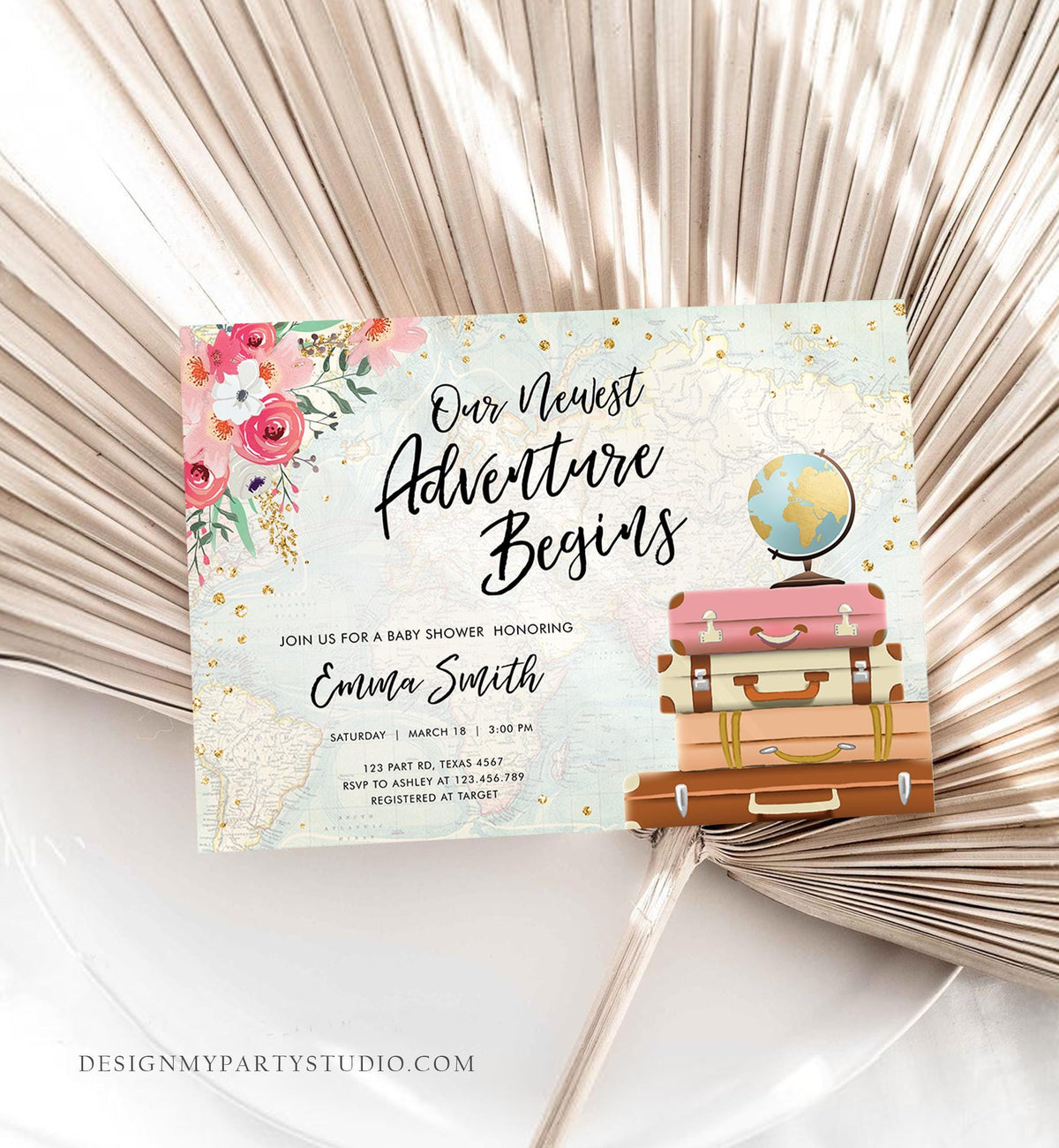 Editable Our Newest Adventure Begins Baby Shower Invitation Pink Floral Gold Suitcases Travel Awaits Digital Template Printable 0030