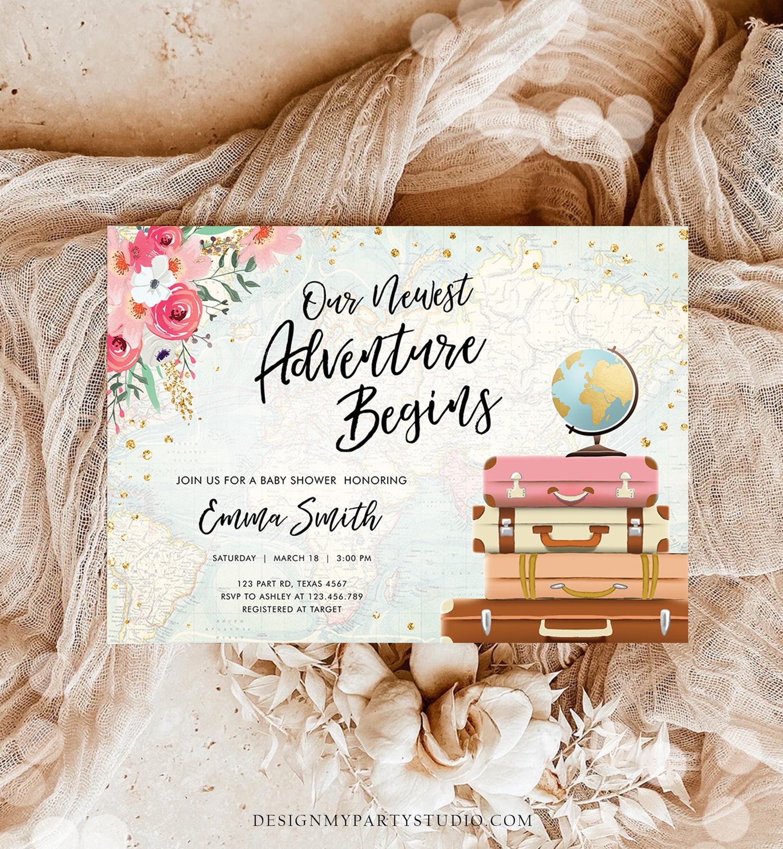Editable Our Newest Adventure Begins Baby Shower Invitation Pink Floral Gold Suitcases Travel Awaits Digital Template Printable 0030