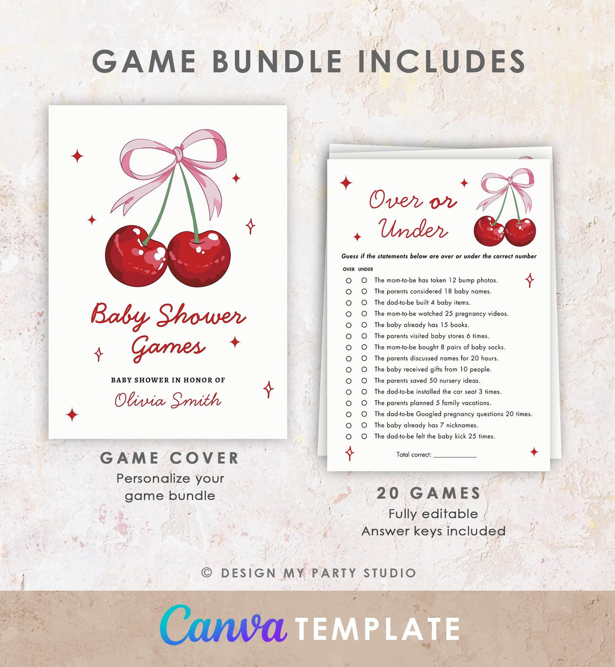 Cherry On Top Baby Shower, Printable Party Activities, Editable Canva Template 0539