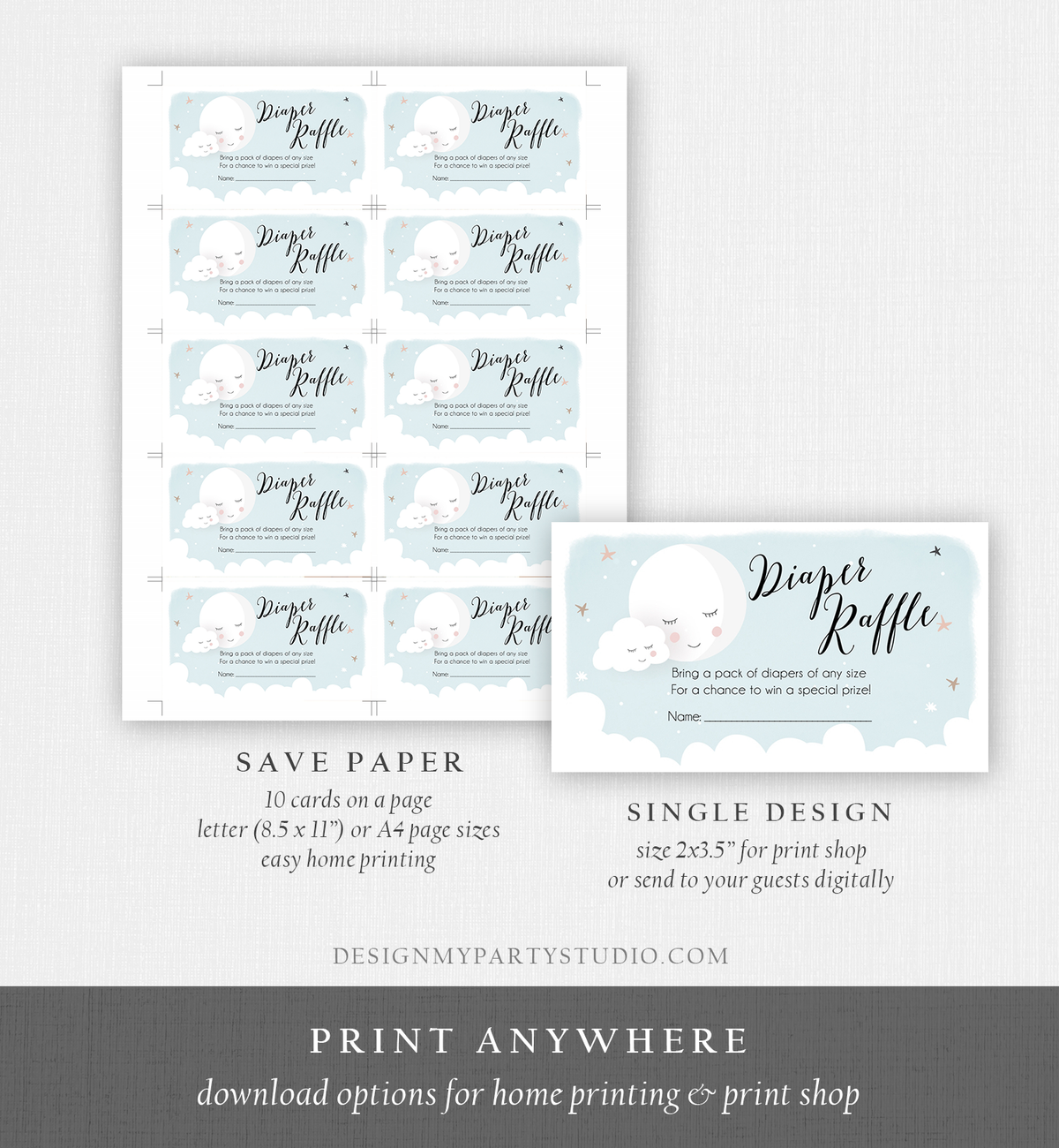 Editable Diaper Raffle Tickets Baby Shower Love You to the Moon and Back Diaper Game Sprinkle Baby Boy Blue Corjl Template Printable 0113