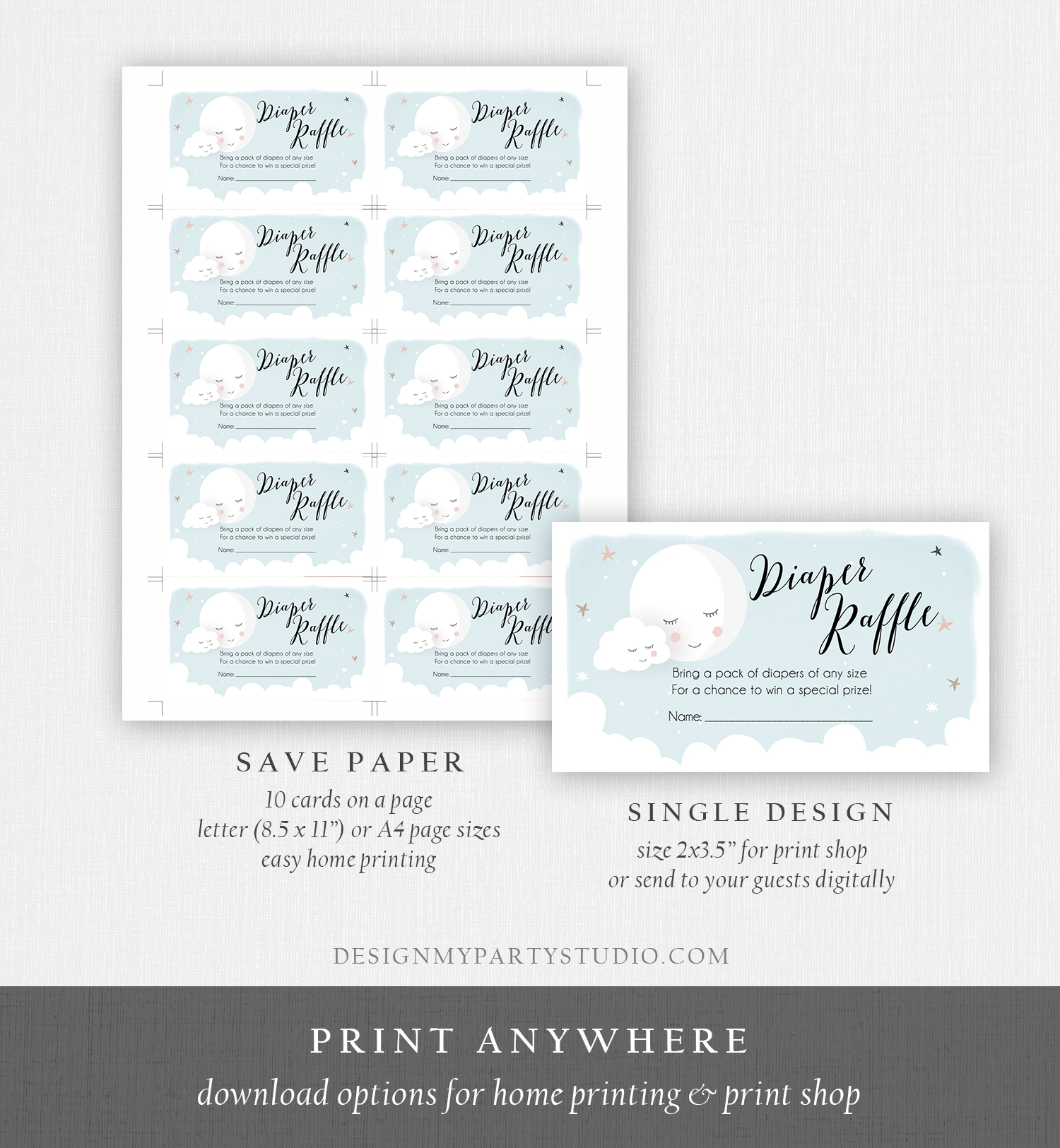 Editable Diaper Raffle Tickets Baby Shower Love You to the Moon and Back Diaper Game Sprinkle Baby Boy Blue Corjl Template Printable 0113