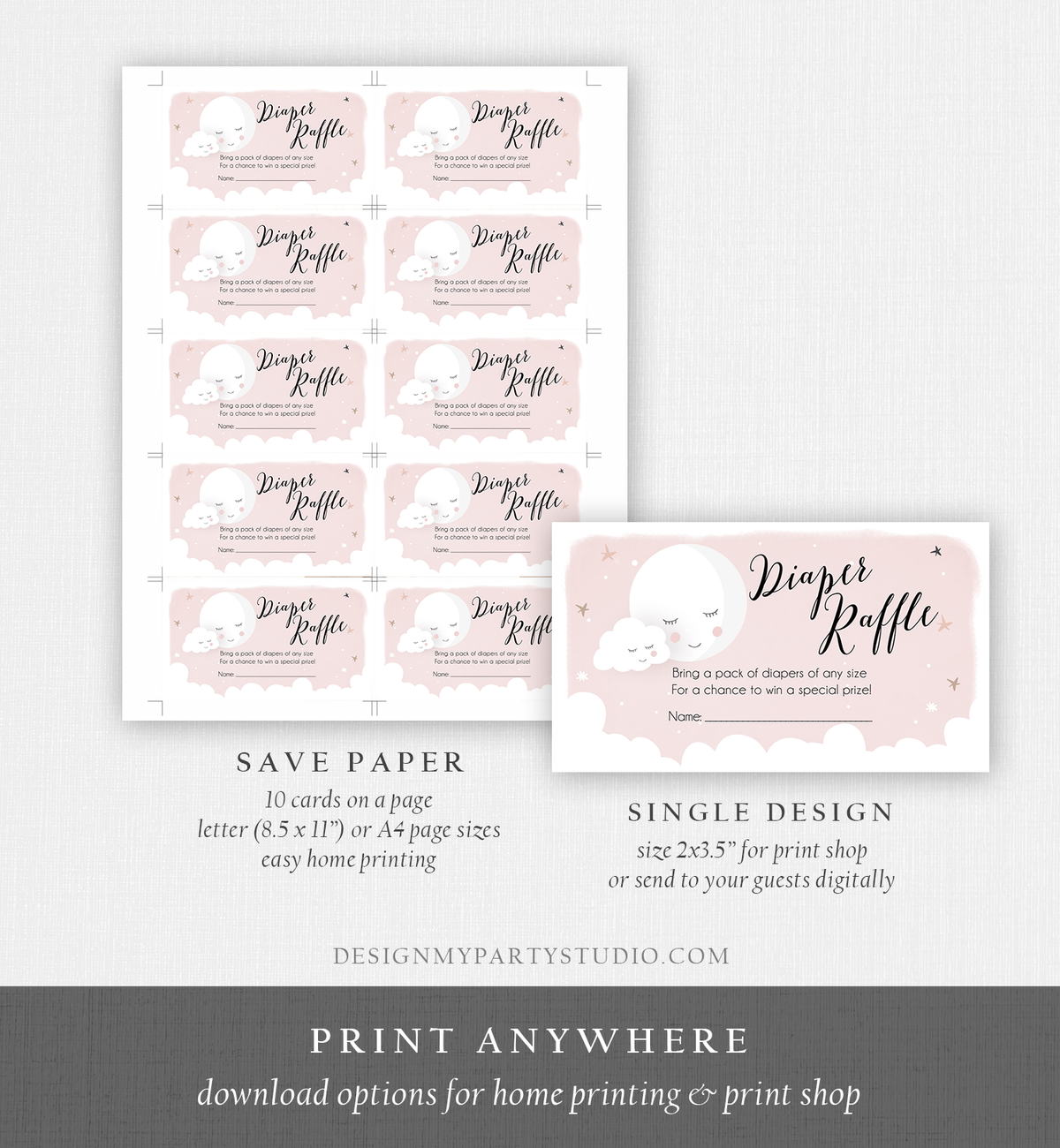 Editable Diaper Raffle Tickets Baby Shower Love You to the Moon and Back Diaper Game Sprinkle Baby Girl Pink Corjl Template Printable 0113