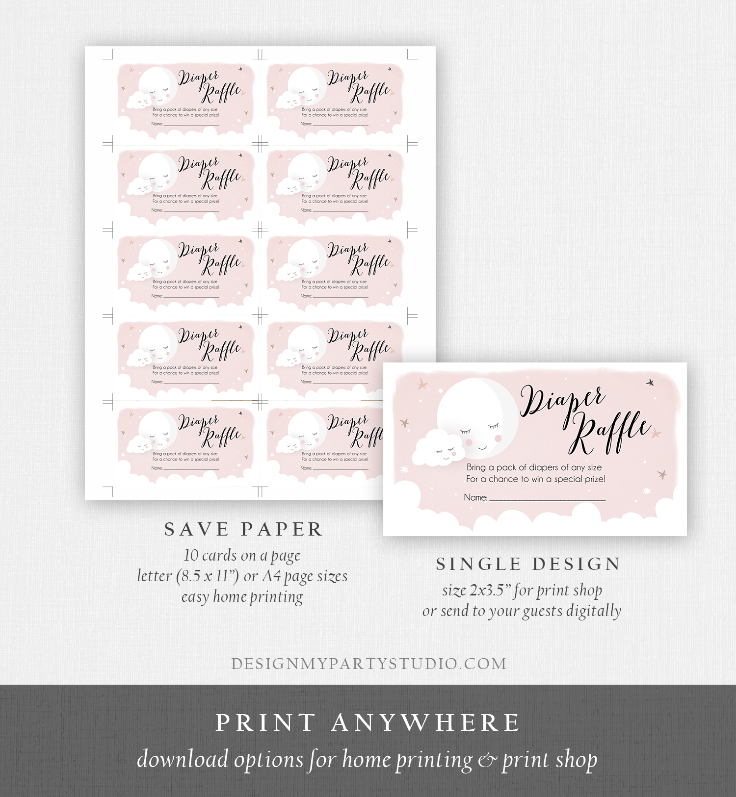 Editable Diaper Raffle Tickets Baby Shower Love You to the Moon and Back Diaper Game Sprinkle Baby Girl Pink Corjl Template Printable 0113