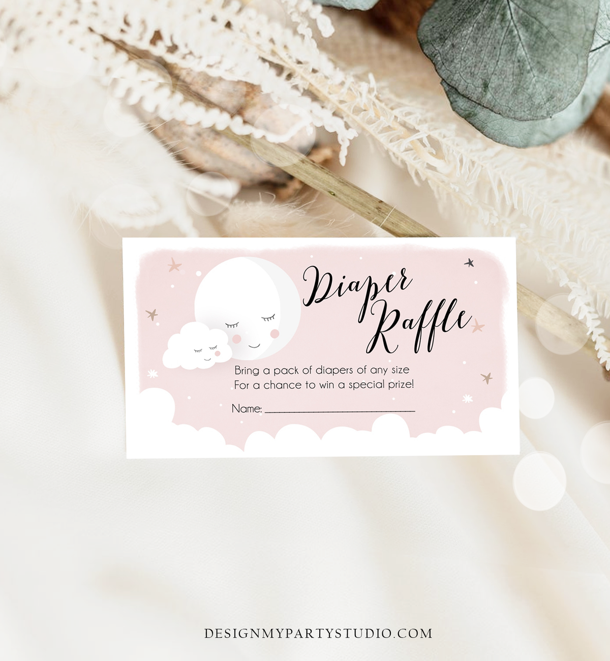 Editable Diaper Raffle Tickets Baby Shower Love You to the Moon and Back Diaper Game Sprinkle Baby Girl Pink Corjl Template Printable 0113