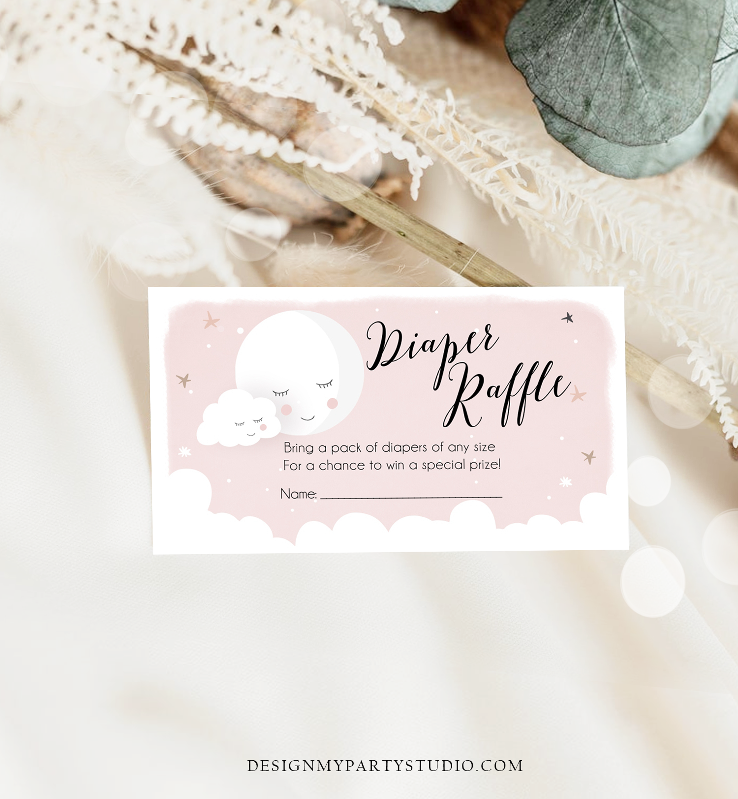 Editable Diaper Raffle Tickets Baby Shower Love You to the Moon and Back Diaper Game Sprinkle Baby Girl Pink Corjl Template Printable 0113