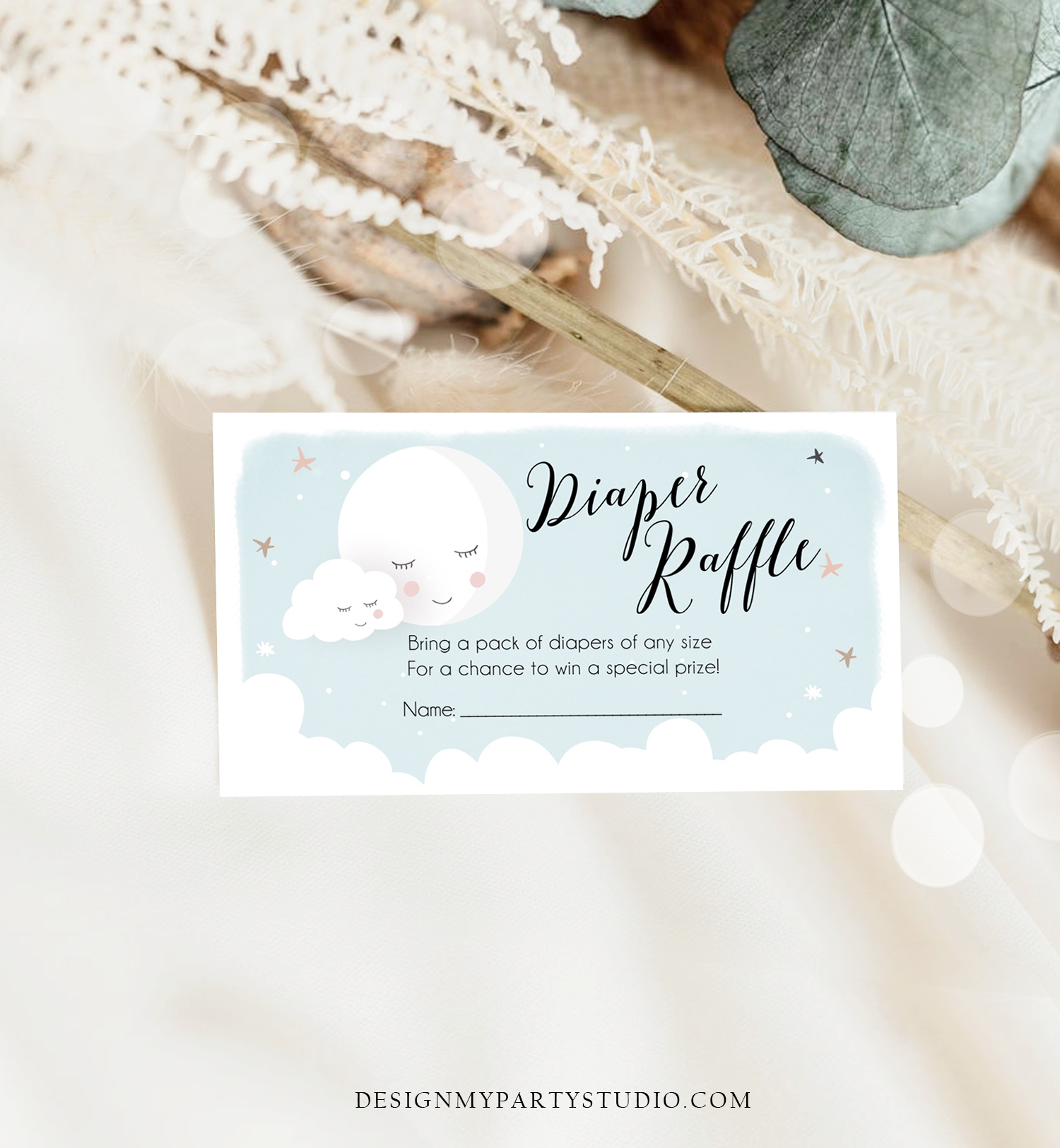 Editable Diaper Raffle Tickets Baby Shower Love You to the Moon and Back Diaper Game Sprinkle Baby Boy Blue Corjl Template Printable 0113