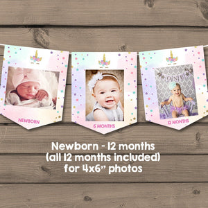Unicorn First birthday banner Monthly Photo Banner Unicorn Banner Birthday Unicorn party decor Rainbow Magical Pink and gold PRINTABLE 0041