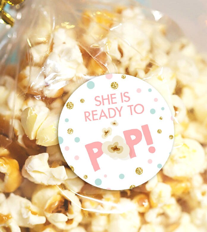 She’s Ready to pop stickers Ready to pop tags Popcorn tags Cupcake Toppers Pink Gold mint Baby Shower Stickers Digital PRINTABLE 0211