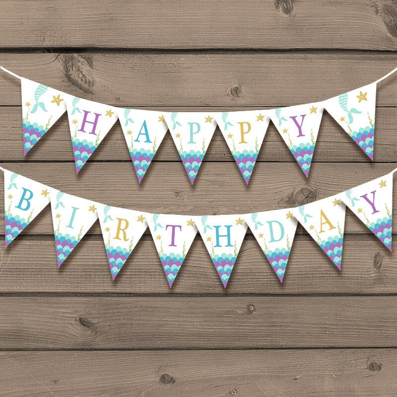 Mermaid Birthday Banner Happy Birthday Mermaid Party Flag Bunting Happy birthday Purple Gold Turquoise download PRINTABLE DIGITAL DIY 0021