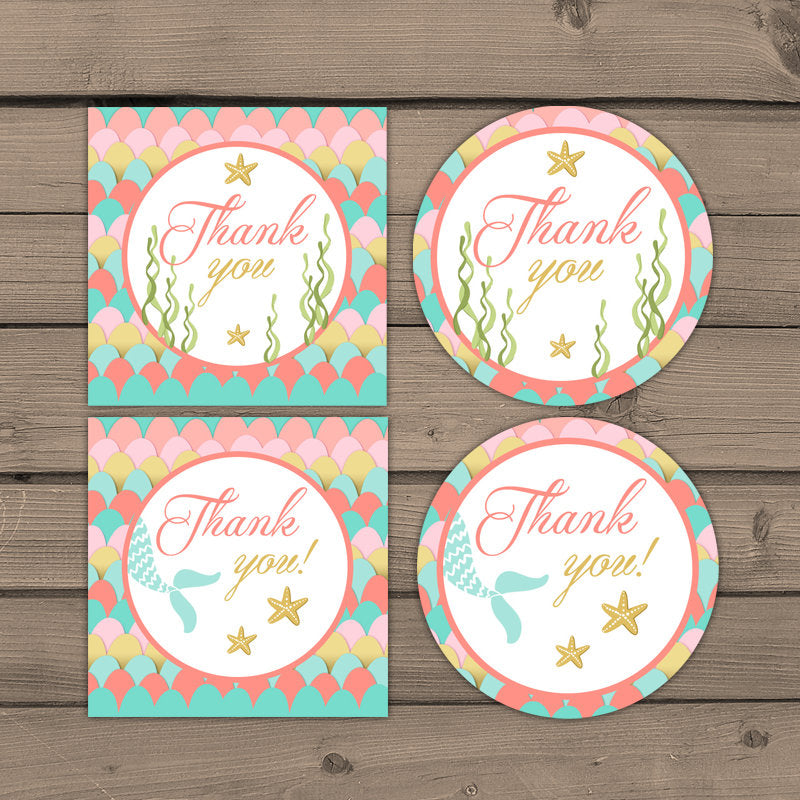Mermaid Thank You Tags Birthday Mermaid birthday Cupcake Toppers Favor Tags mermaid Thank you labels Instant download Digital PRINTABLE 0021