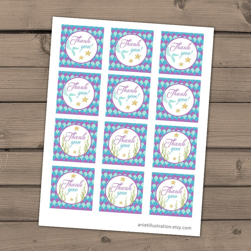 Mermaid Thank You Tags Birthday Mermaid birthday Cupcake Toppers Favor Tags mermaid Thank you labels Instant download Digital PRINTABLE 0021