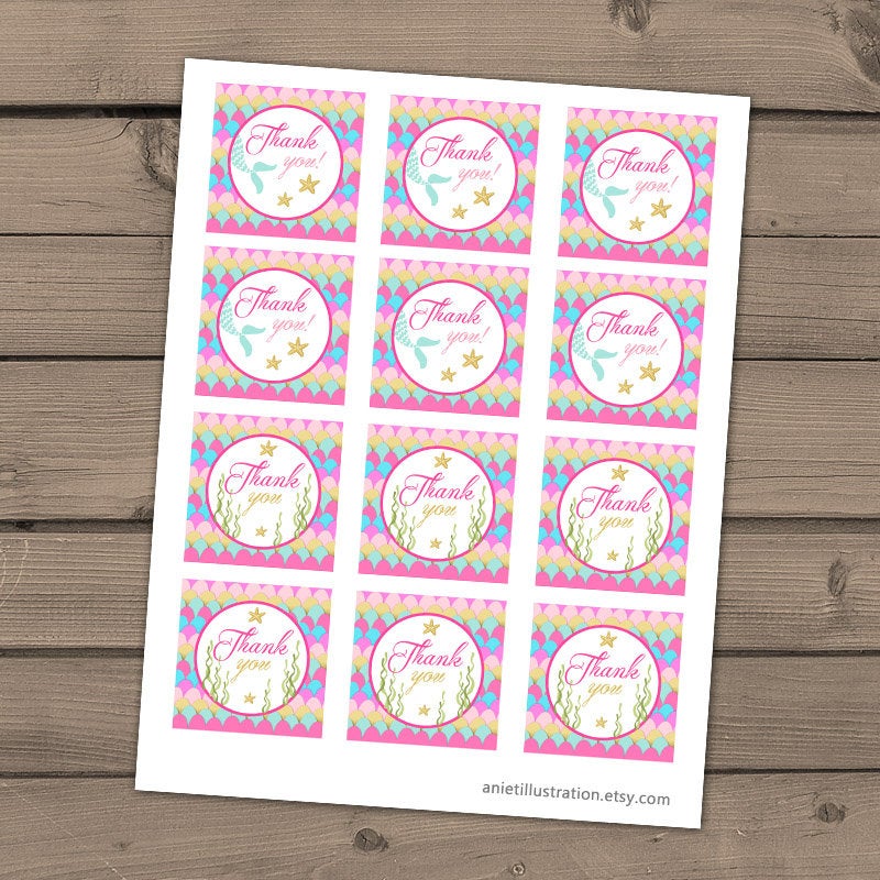 Mermaid Thank You Tags Birthday Mermaid birthday Cupcake Toppers Favor Tags mermaid Thank you labels Instant download Digital PRINTABLE 0021