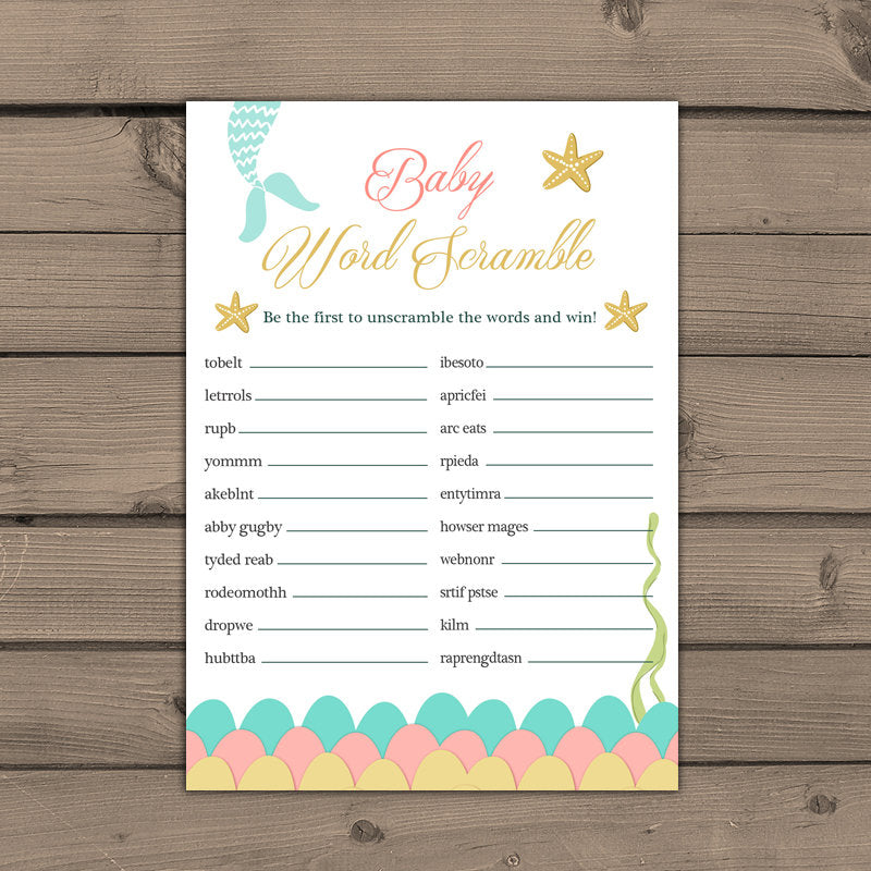 Mermaid Baby shower Word scramble game Mermaid game Baby shower Coral Gold mint Pink Mermaid Tail shower games Digital PRINTABLE DIY 0021
