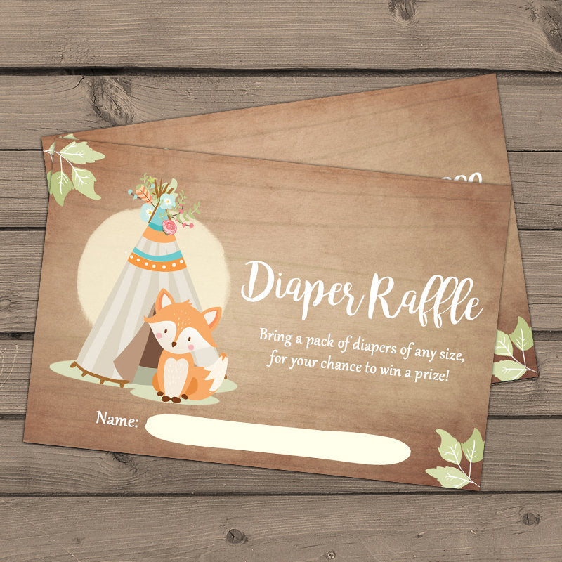 Woodland Baby shower Diaper raffle card Fox Baby shower game Teepee Di - Design My Party Studio woodland-baby-shower-diaper-raffle-card-fox-baby-shower-game-teepee-di-design-my-party-studio