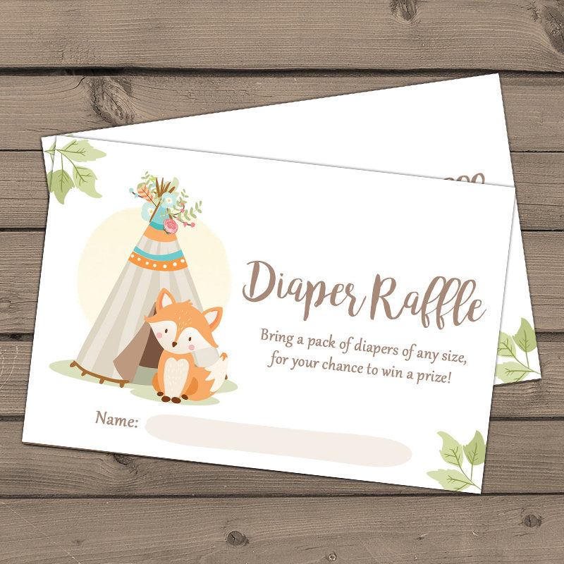 Woodland Baby shower Diaper raffle card Fox Baby shower game Teepee Di - Design My Party Studio woodland-baby-shower-diaper-raffle-card-fox-baby-shower-game-teepee-di-design-my-party-studio