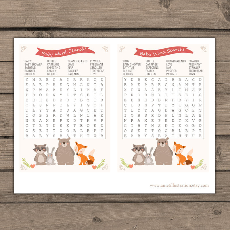 Baby shower game word search Baby word search Woodland baby shower Forest animals Gender neutral Instant download Digital PRINTABLE 0010