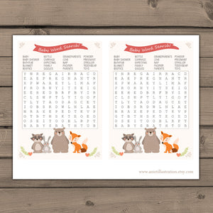 Baby shower game word search Baby word search Woodland baby shower Forest animals Gender neutral Instant download Digital PRINTABLE 0010