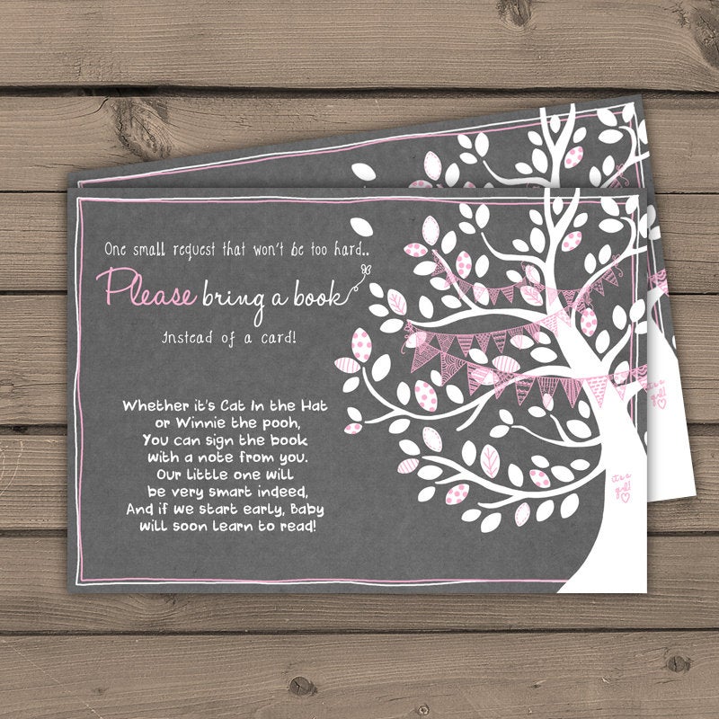 Baby shower Bring a book card Please bring a book instead of a card insert Grey Pink Baby girl shower Tree Butterfly DIY PRINTABLE