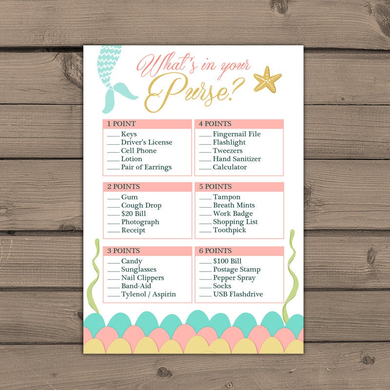Baby shower game Whats in Your Purse Baby Shower Game Instant download Mermaid baby shower Shower girl Coral Pink gold PRINTABLE 0021