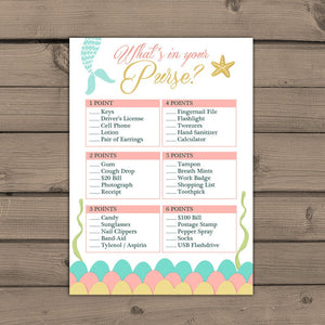 Baby shower game Whats in Your Purse Baby Shower Game Instant download Mermaid baby shower Shower girl Coral Pink gold PRINTABLE 0021