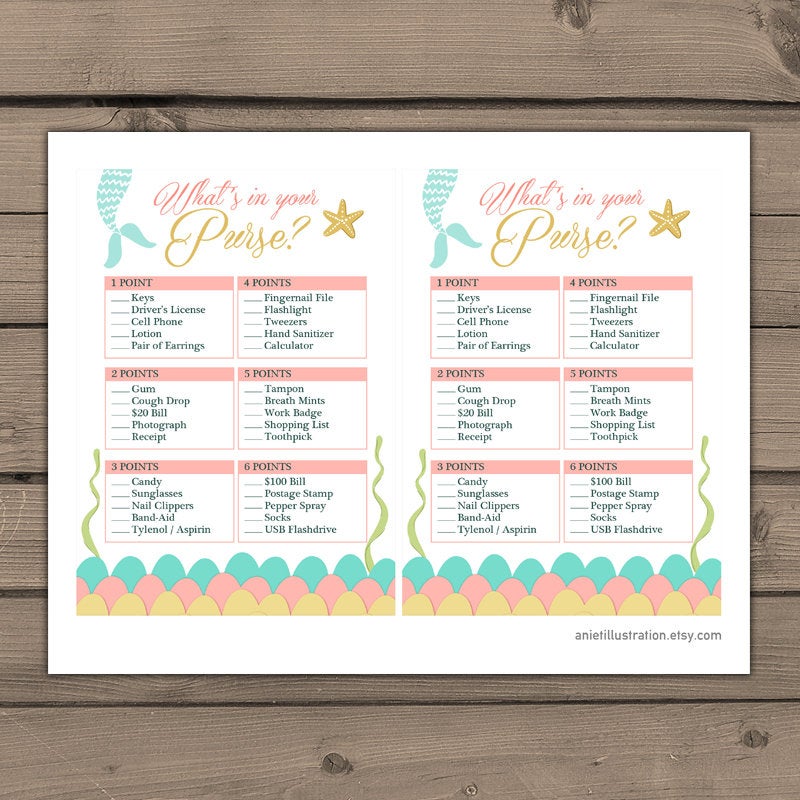 Baby shower game Whats in Your Purse Baby Shower Game Instant download Mermaid baby shower Shower girl Coral Pink gold PRINTABLE 0021
