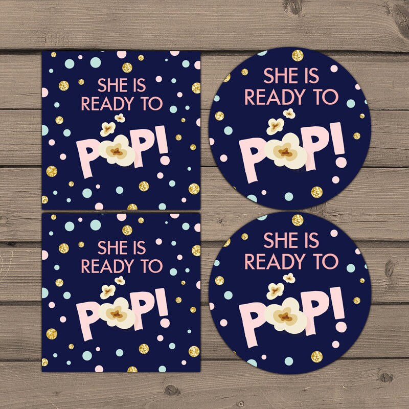She’s Ready to pop stickers Ready to pop tags Popcorn tags Cupcake Toppers Pink Gold mint Baby Shower Stickers Digital PRINTABLE 0211