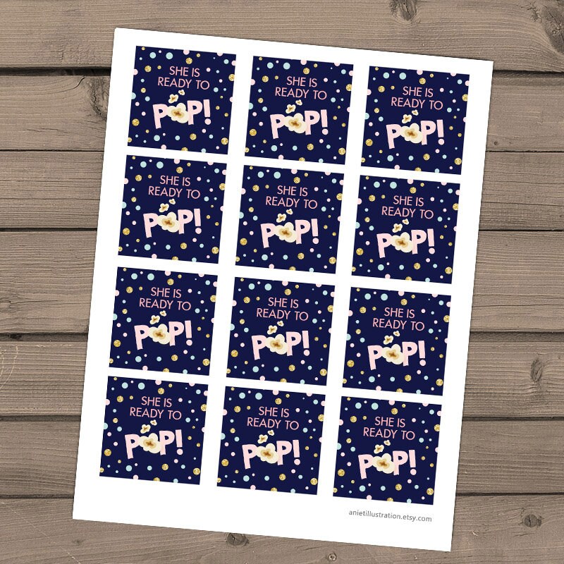 She’s Ready to pop stickers Ready to pop tags Popcorn tags Cupcake Toppers Pink Gold mint Baby Shower Stickers Digital PRINTABLE 0211