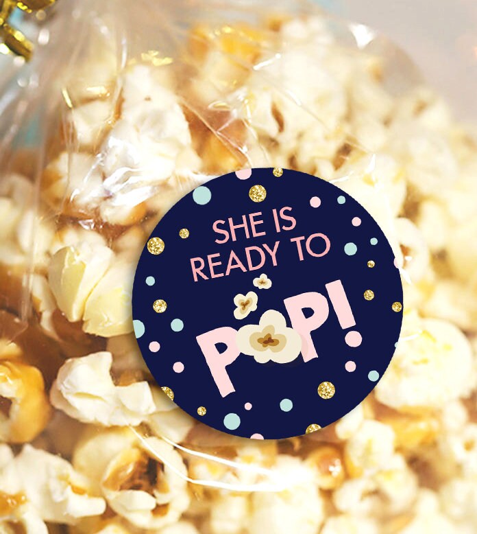 She’s Ready to pop stickers Ready to pop tags Popcorn tags Cupcake Toppers Pink Gold mint Baby Shower Stickers Digital PRINTABLE 0211