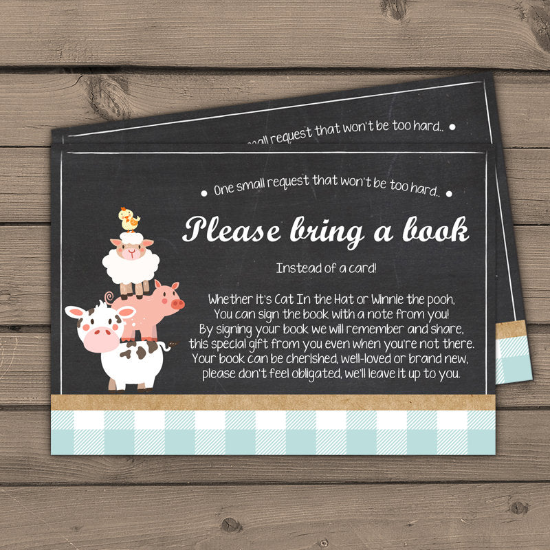 Baby shower Bring a book card Farm animals Farm theme Barnyard Blue Boy Baby shower Book insert Book card Chalkboard Digital PRINTABLE 0064