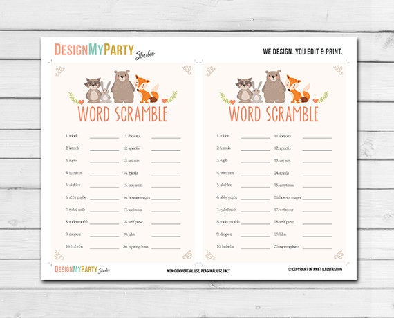 Woodland Baby Shower Word Scramble Game Cards Woodland Animals Forest Animals Raccoon Rabbit Bear Fox Printable Instant Download 0010