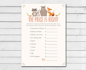 Woodland Baby Shower The Price is Right Game Cards Woodland Animals Forest Animals Raccoon Rabbit Bear Fox Printable Instant Download 0010