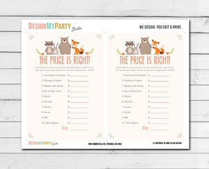 Woodland Baby Shower The Price is Right Game Cards Woodland Animals Forest Animals Raccoon Rabbit Bear Fox Printable Instant Download 0010