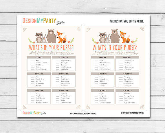 Woodland Baby Shower What&#39;s in Your Purse Game Cards Woodland Animals Forest Animals Raccoon Rabbit Bear Fox Printable Instant Download 0010
