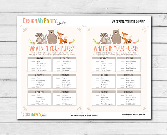 Woodland Baby Shower What's in Your Purse Game Cards Woodland Animals Forest Animals Raccoon Rabbit Bear Fox Printable Instant Download 0010