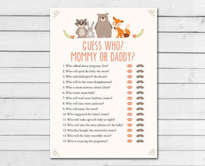 Woodland Baby Shower Mommy or Daddy Who Said Game Woodland Animals Forest Animals Raccoon Rabbit Bear Fox Printable Instant Download 0010