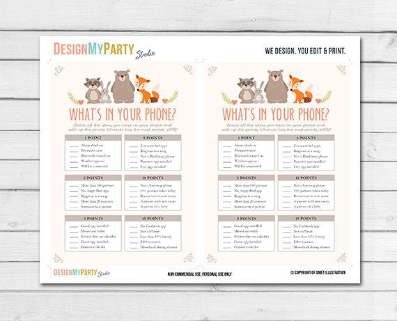 Woodland Baby Shower What&#39;s in Your Phone Game Cards Woodland Animals Forest Animals Raccoon Rabbit Bear Fox Printable Instant Download 0010