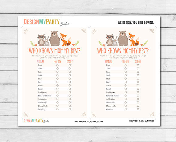 Woodland Baby Shower Who Knows Mommy Best Cards Woodland Animals Forest Animals Raccoon Rabbit Bear Fox Printable Instant Download 0010