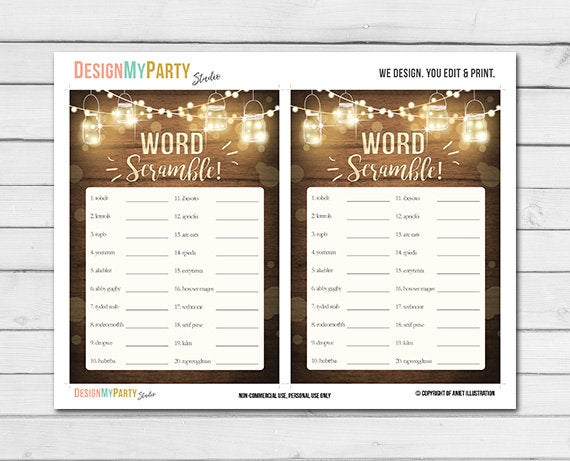 Rustic Lights Baby Shower Word Scramble Game Cards Wood Mason Jars String Lights Fall Winter Gender Neutral Printable Instant Download 0015