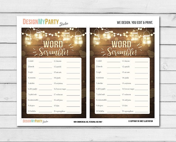 Rustic Lights Baby Shower Word Scramble Game Cards Wood Mason Jars String Lights Fall Winter Gender Neutral Printable Instant Download 0015