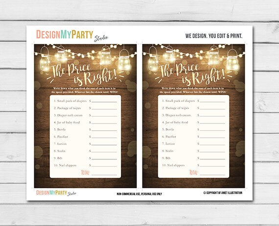 Rustic Lights Baby Shower The Price is Right Game Cards Wood Mason Jars String Lights Winter Gender Neutral Printable Instant Download 0015