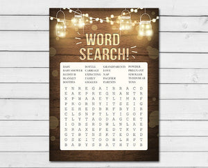 Rustic Lights Baby Shower Word Search Game Cards Wood Mason Jars String Lights Fall Winter Gender Neutral Printable Instant Download 0015