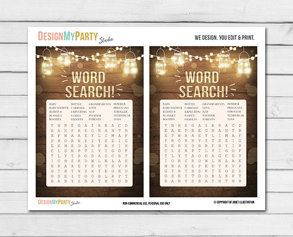 Rustic Lights Baby Shower Word Search Game Cards Wood Mason Jars String Lights Fall Winter Gender Neutral Printable Instant Download 0015