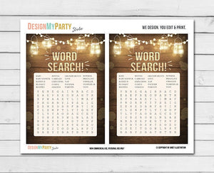 Rustic Lights Baby Shower Word Search Game Cards Wood Mason Jars String Lights Fall Winter Gender Neutral Printable Instant Download 0015