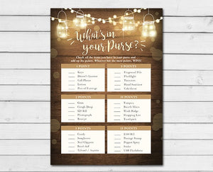 Rustic Lights Baby Shower What's in Your Purse Game Cards Wood Mason Jars String Lights Fall Gender Neutral Printable Instant Download 0015