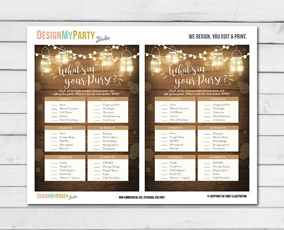 Rustic Lights Baby Shower What&#39;s in Your Purse Game Cards Wood Mason Jars String Lights Fall Gender Neutral Printable Instant Download 0015