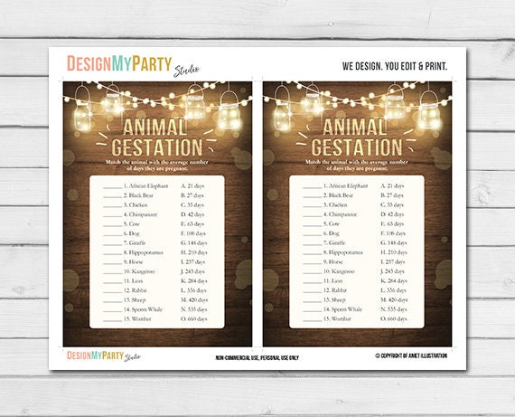 Rustic Lights Baby Shower Animal Gestation Game Cards Wood Mason Jars String Lights Winter Gender Neutral Printable Instant Download 0015