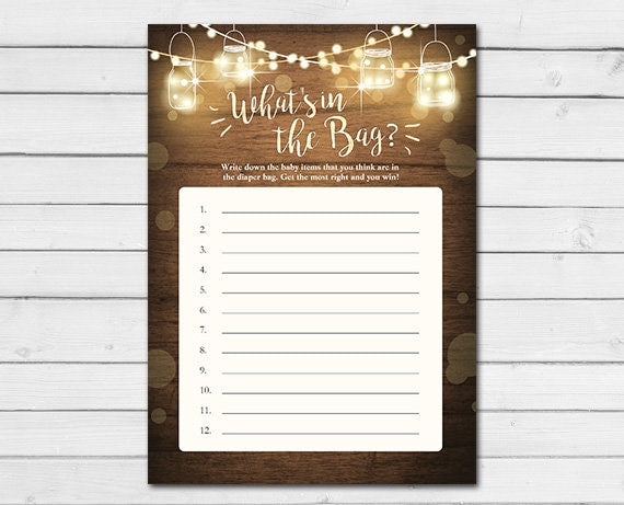 Rustic Lights Baby Shower What&#39;s in the Bag Game Cards Wood Mason Jars String Lights Winter Gender Neutral Printable Instant Download 0015