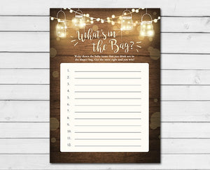 Rustic Lights Baby Shower What's in the Bag Game Cards Wood Mason Jars String Lights Winter Gender Neutral Printable Instant Download 0015