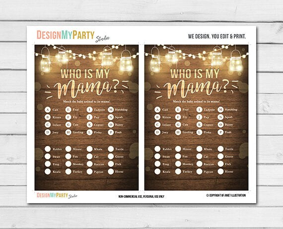 Rustic Lights Baby Shower Name the Baby Animal Game Cards Wood Mason Jars String Lights Fall Gender Neutral Printable Instant Download 0015