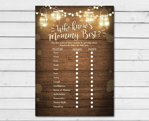 Rustic Lights Baby Shower Who Know's Mommy Best Game Cards Wood Mason Jars String Lights Fall Gender Neutral Printable Instant Download 0015